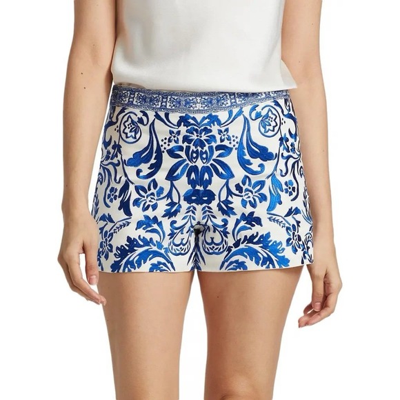 Alice + Olivia Pants - Alice + Olivia Cream Women's Shorts Blue Embroidered Floral Cotton Back Zip Sz 2